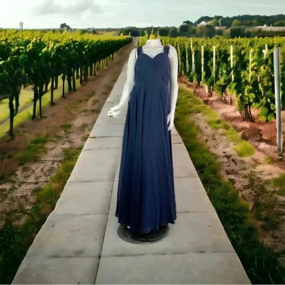 Dessy Collection Vivian Diamond Midnight Blue Chiffon Cocktail Dress Formal Prom - Picture 2 of 8